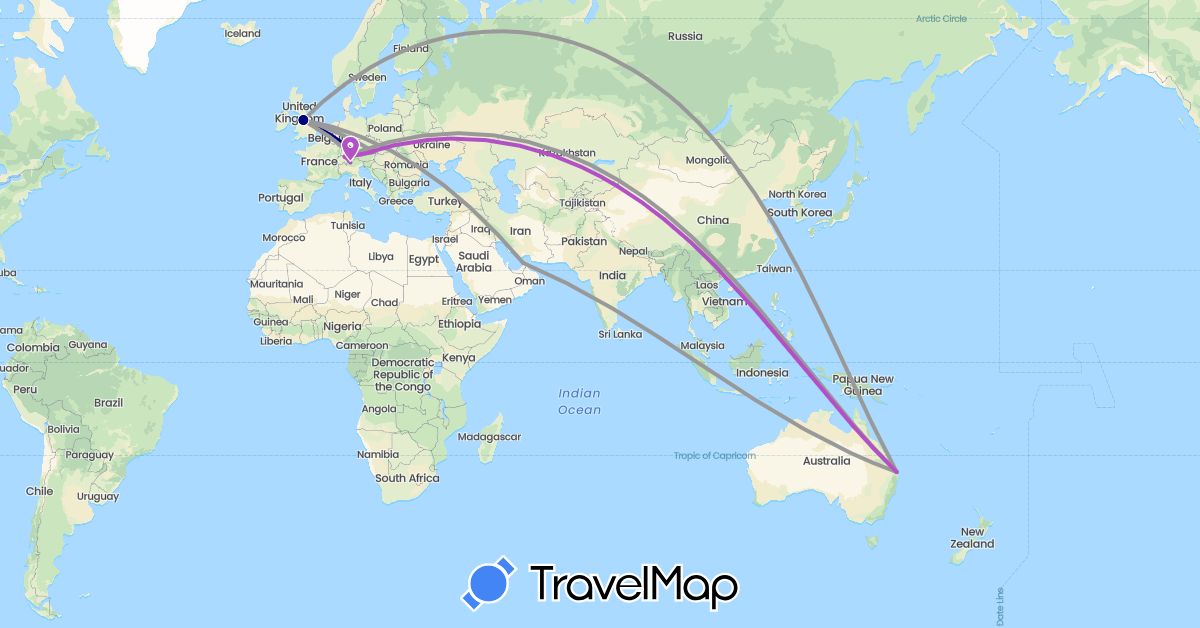 TravelMap itinerary: driving, bus, plane, train in United Arab Emirates, Austria, Australia, Switzerland, Germany, United Kingdom (Asia, Europe, Oceania)